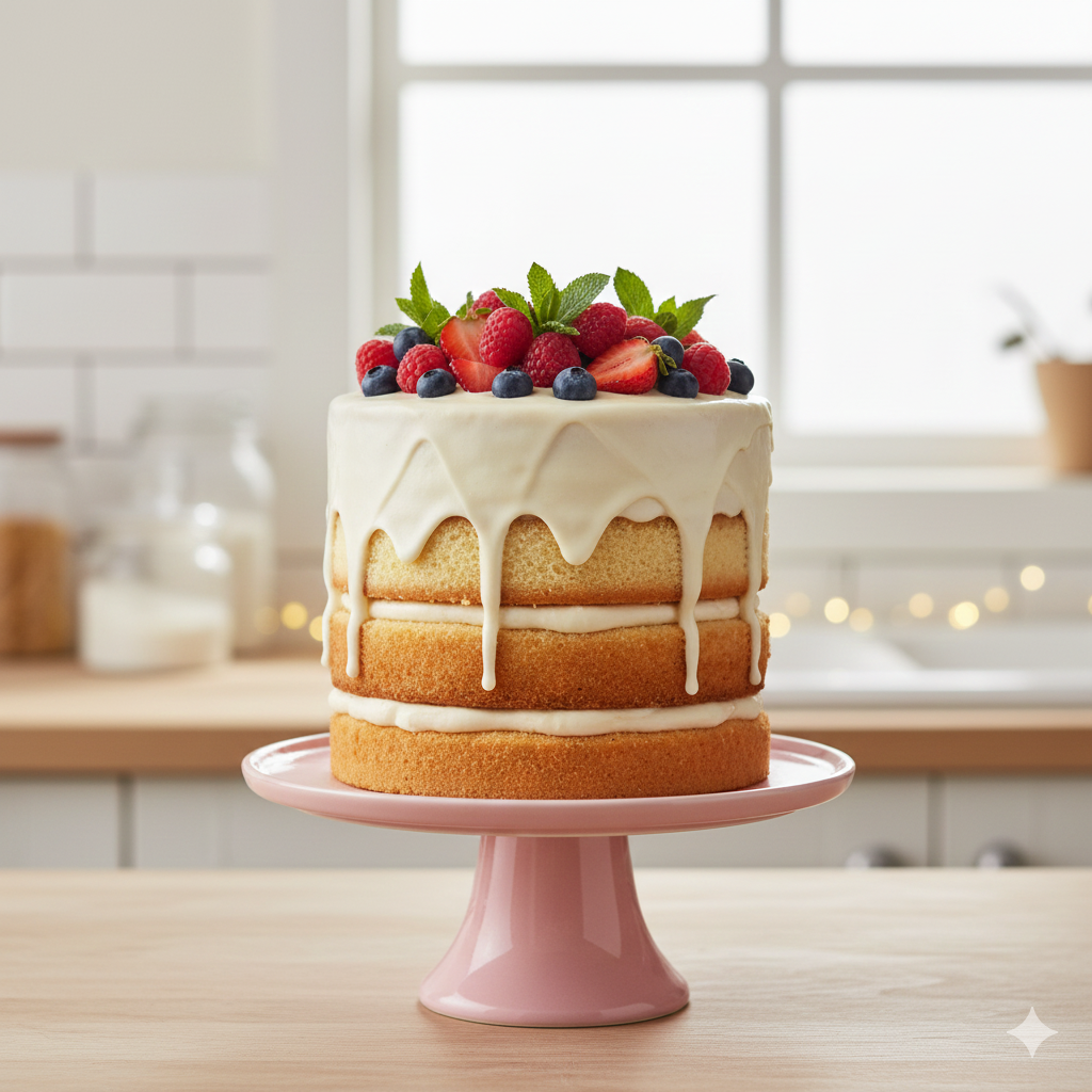 Tarta de vainilla recién horneada en molde redondo antiadherente